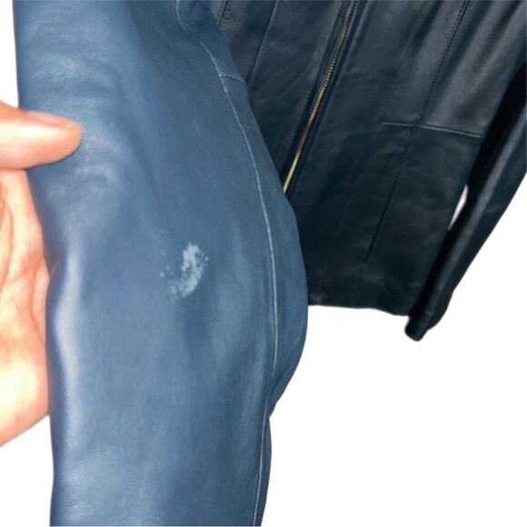 Cole Haan Leather Wing Collared Jacket Women’s Size XS Navy - Picture 2 of 4